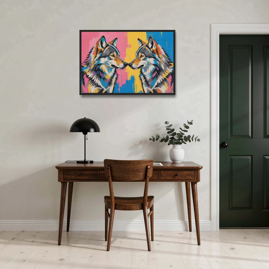 Wolf Art Prints Nose to Nose Greeting - Black Framed Canvas Wall Art - Office - 36x24