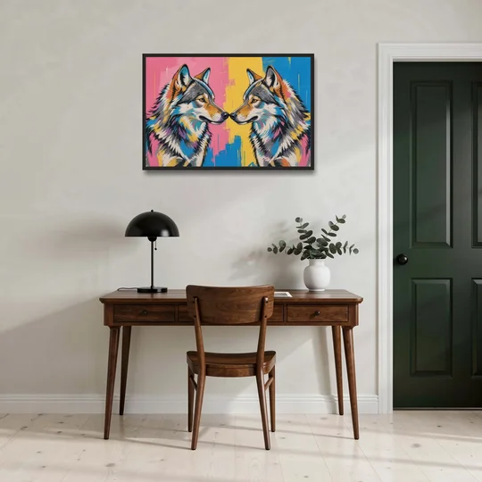 Wolf Art Prints Nose to Nose Greeting - Black Framed Canvas Wall Art - Office - 36x24