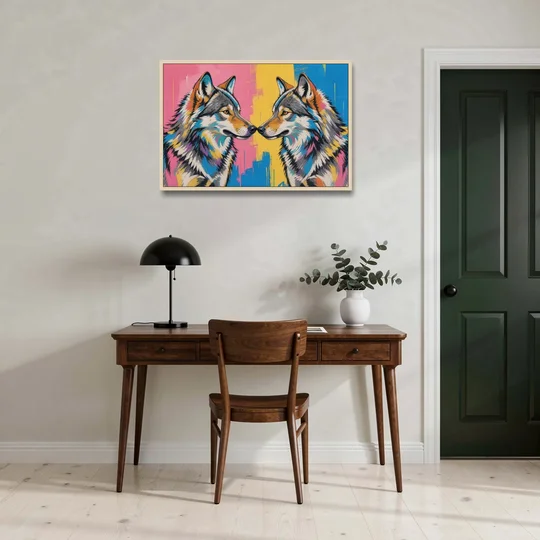 Wolf Art Prints Nose to Nose Greeting - Oak Framed Canvas Wall Art - Office - 36x24