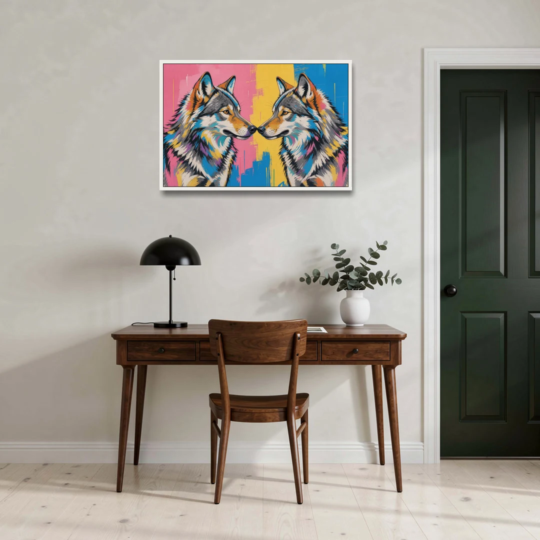 Wolf Art Prints Nose to Nose Greeting - White Framed Canvas Wall Art - Office - 36x24
