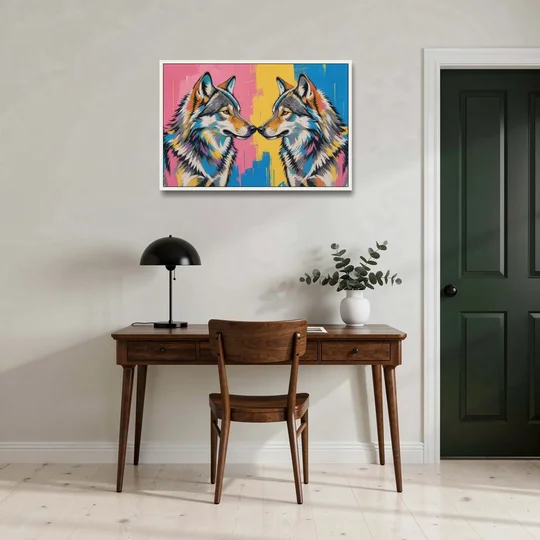 Wolf Art Prints Nose to Nose Greeting - White Framed Canvas Wall Art - Office - 36x24