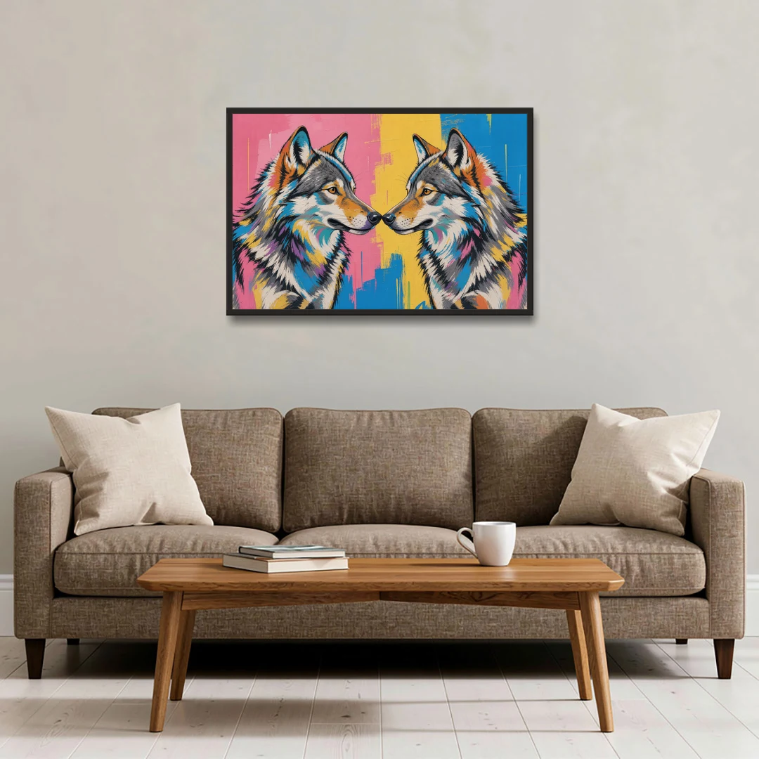 Wolf Art Prints Nose to Nose Greeting - Black Framed Canvas Wall Art - Sofa - 36x24