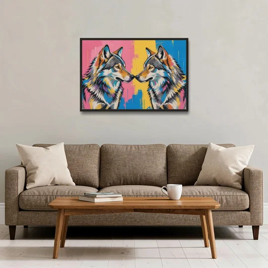 Wolf Art Prints Nose to Nose Greeting - Black Framed Canvas Wall Art - Sofa - 36x24