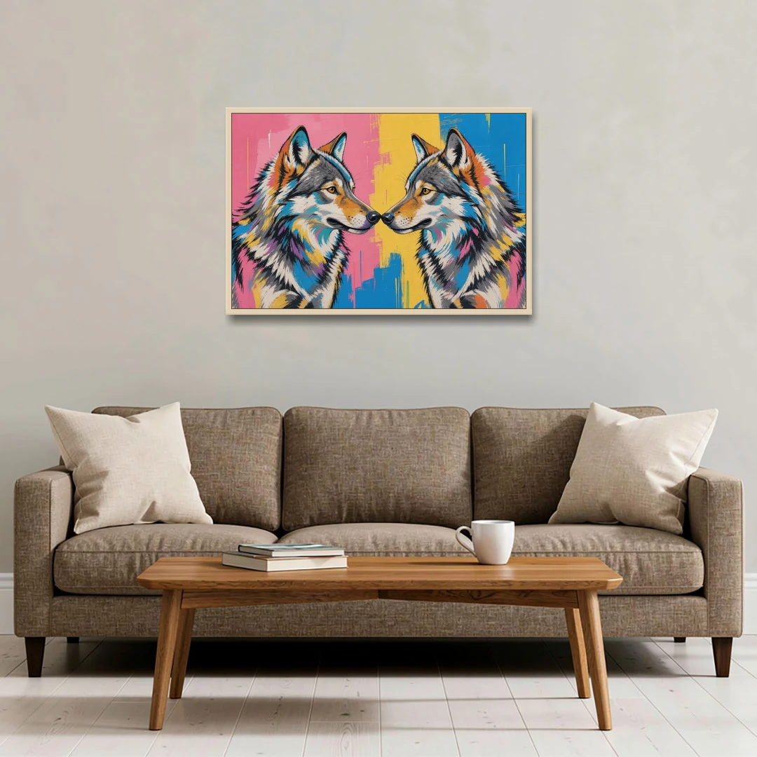 Wolf Art Prints Nose to Nose Greeting - Oak Framed Canvas Wall Art - Sofa - 36x24