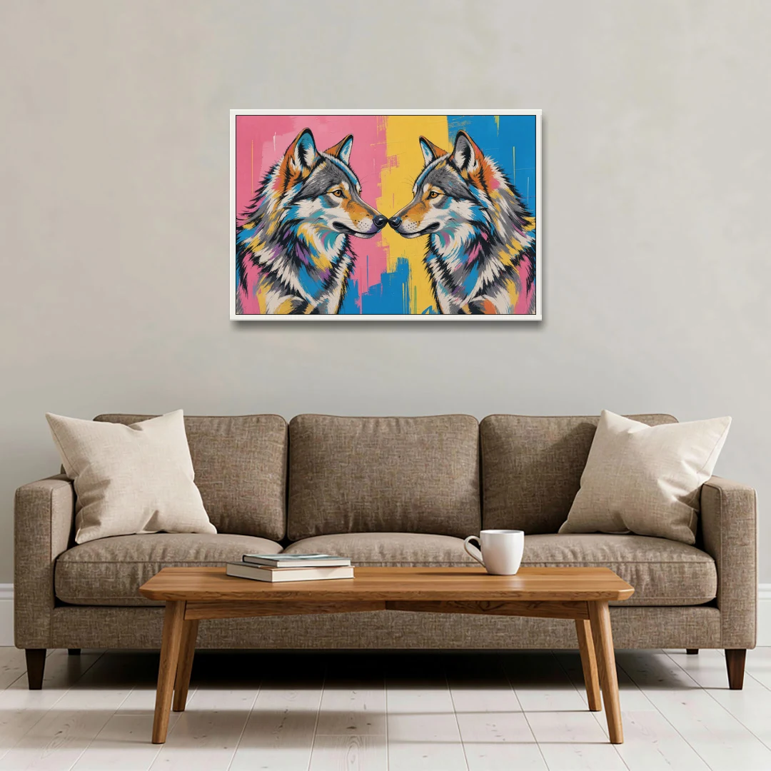 Wolf Art Prints Nose to Nose Greeting - White Framed Canvas Wall Art - Sofa - 36x24