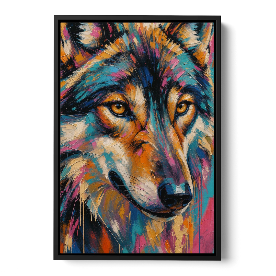 Wolf Eyes Painting in Amber and Teal - Black Framed Canvas Wall Art - Front