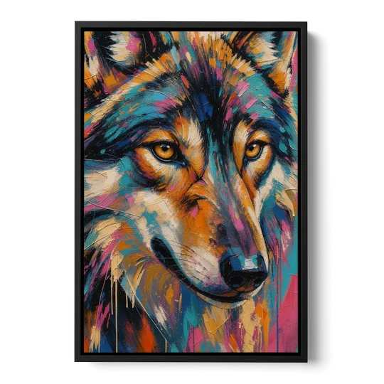 Wolf Eyes Painting in Amber and Teal - Black Framed Canvas Wall Art - Front