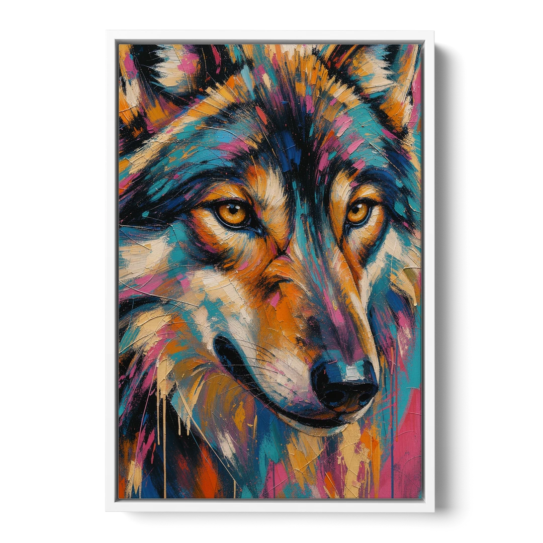 Wolf Eyes Painting in Amber and Teal - White Framed Canvas Wall Art - Front
