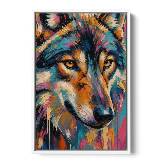 Wolf Eyes Painting in Amber and Teal - White Framed Canvas Wall Art - Front