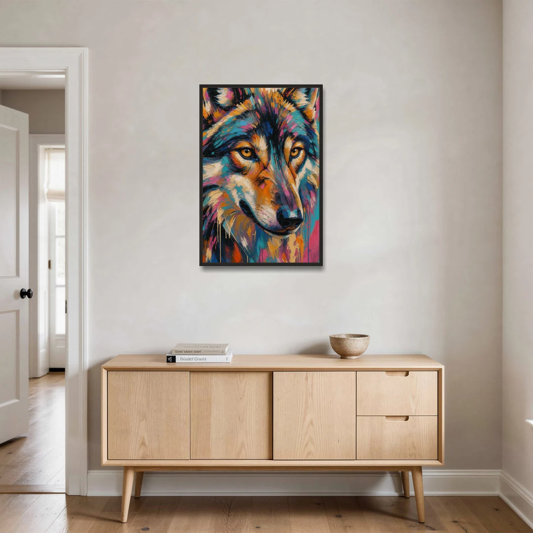 Wolf Eyes Painting in Amber and Teal - Black Framed Canvas Wall Art - Coffee Table - 24x36