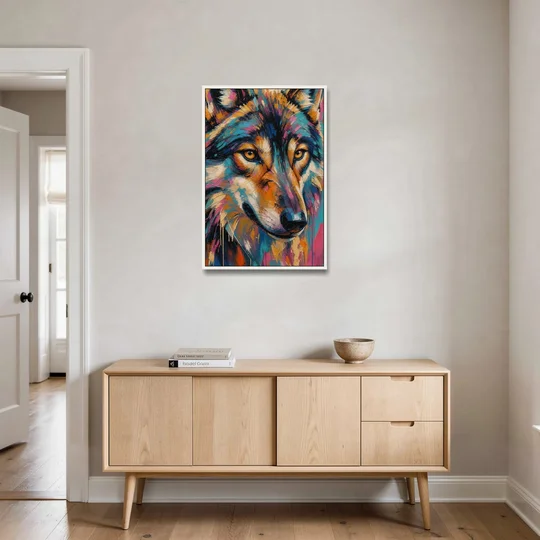 Wolf Eyes Painting in Amber and Teal - White Framed Canvas Wall Art - Coffee Table - 24x36