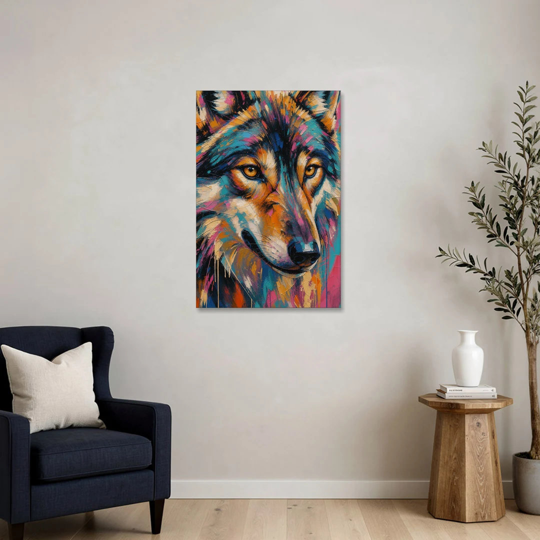 Wolf Eyes Painting in Amber and Teal - Canvas Wall Art - Sofa - 24x36