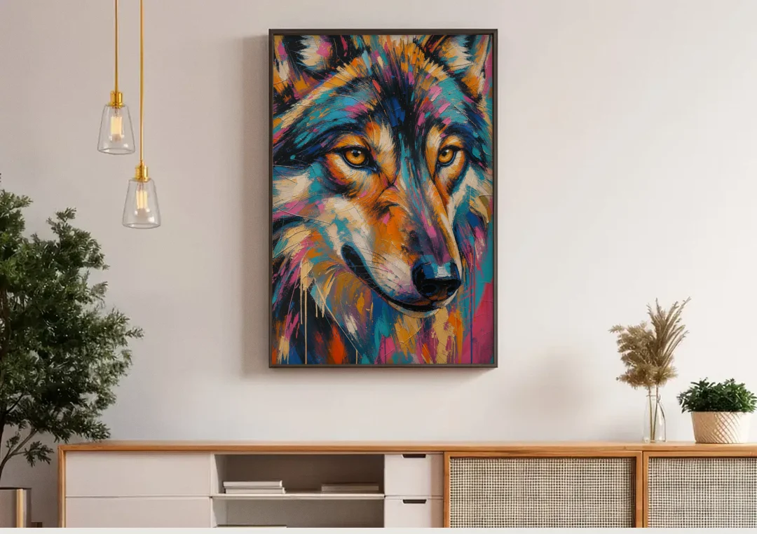 Wolf Eyes Painting in Amber and Teal canvas wall art above a wooden sideboard under pendant lights