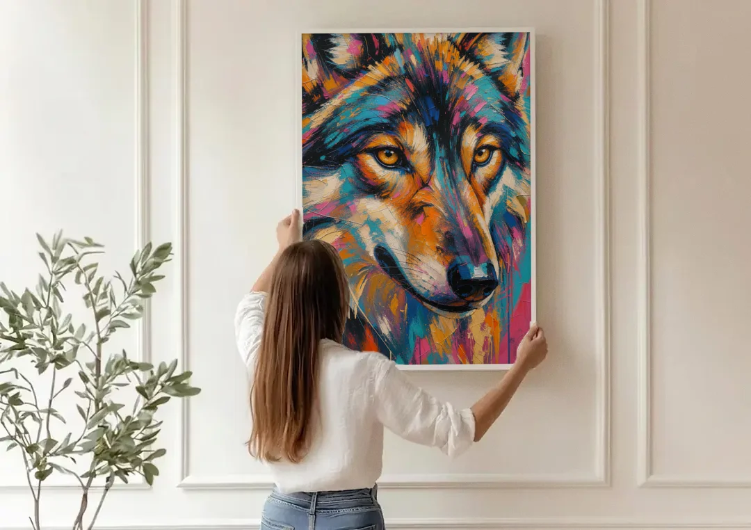 Wolf Eyes Painting in Amber and Teal canvas wall art being hung on a paneled wall