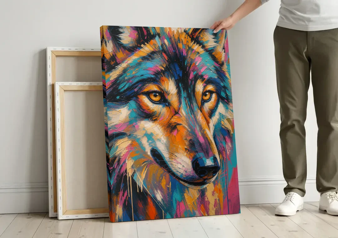 Wolf Eyes Painting in Amber and Teal canvas wall art leaning against a wall next to blank canvases