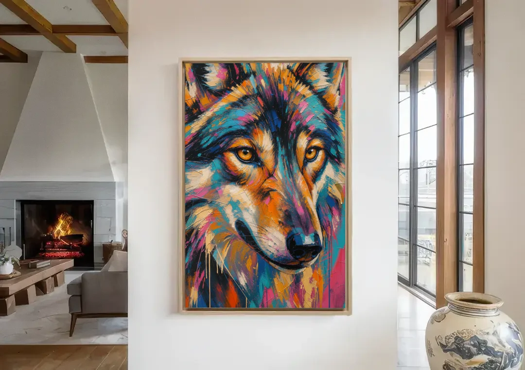 Wolf Eyes Painting in Amber and Teal canvas wall art in a living room with a fireplace