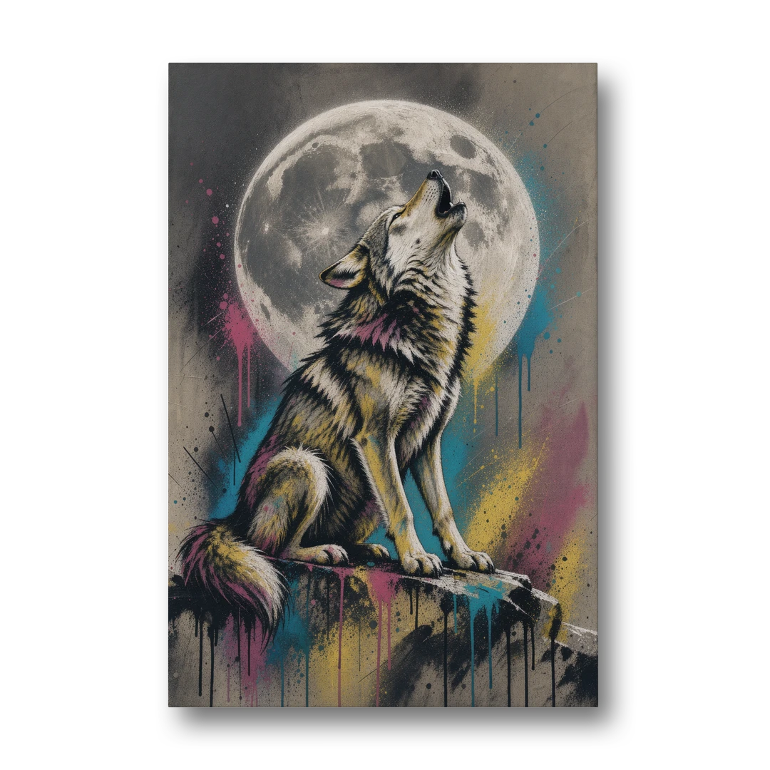 Street Art Wolf Howling at the Moon - Canvas Wall Art - Front