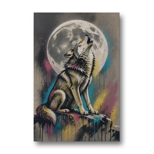 Street Art Wolf Howling at the Moon - Canvas Wall Art - Front