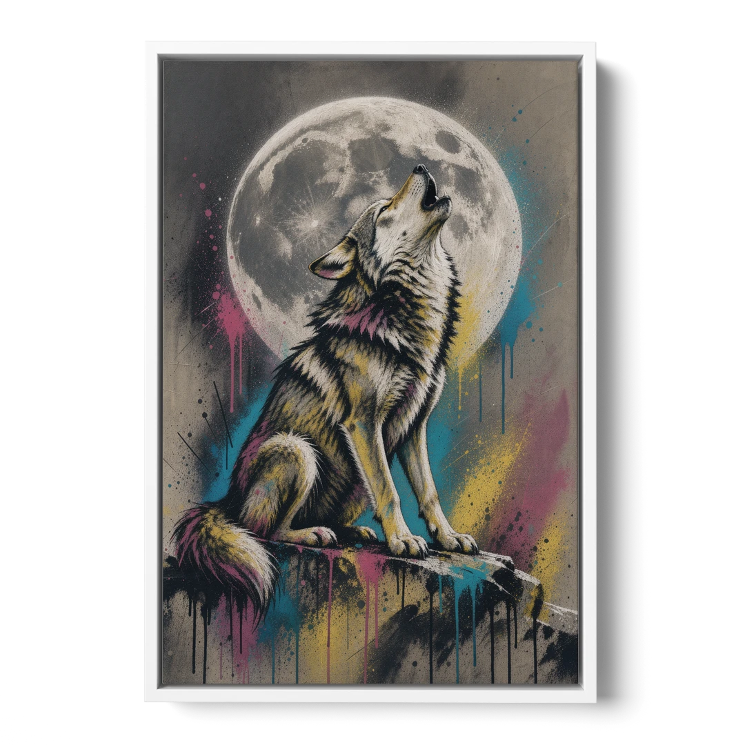 Street Art Wolf Howling at the Moon - White Framed Canvas Wall Art - Front