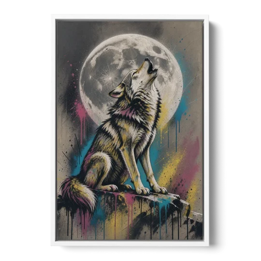 Street Art Wolf Howling at the Moon - White Framed Canvas Wall Art - Front