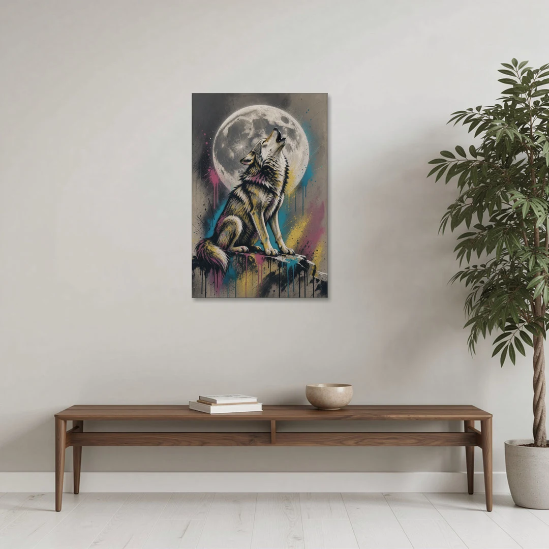 Street Art Wolf Howling at the Moon - Canvas Wall Art - Coffee Table - 24x36
