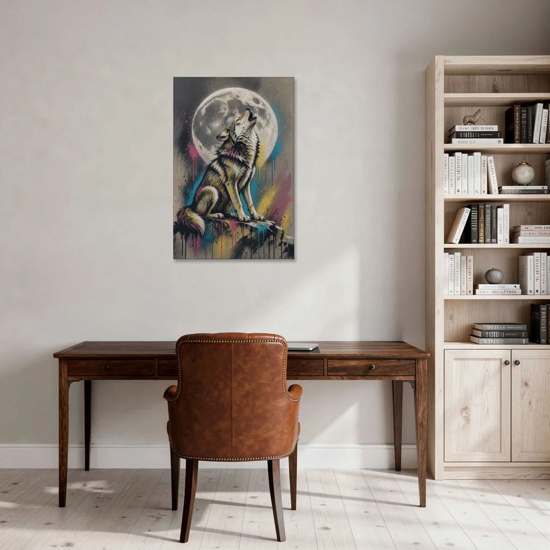 Street Art Wolf Howling at the Moon - Canvas Wall Art - Office - 24x36