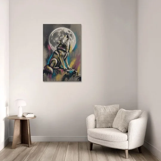 Street Art Wolf Howling at the Moon - Canvas Wall Art - Sofa - 24x36