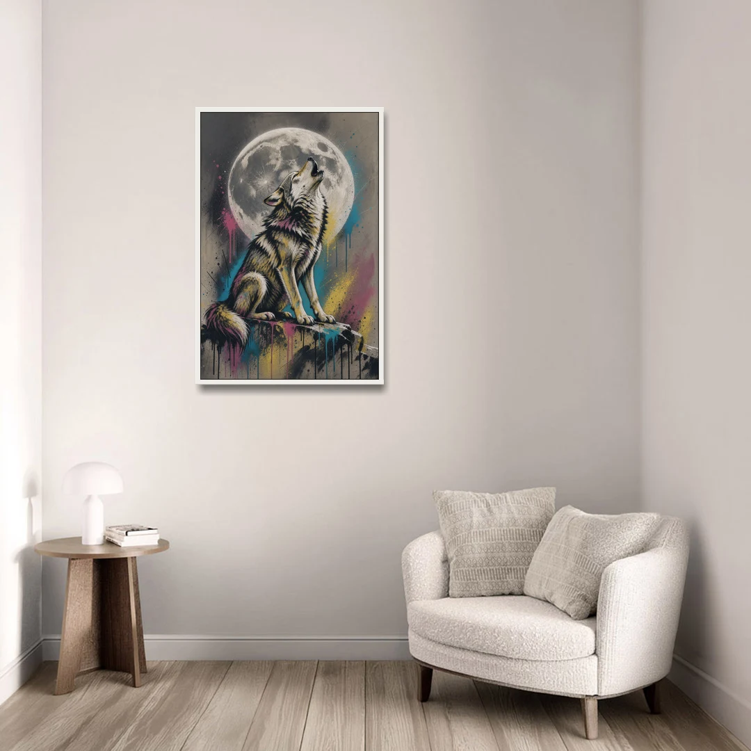 Street Art Wolf Howling at the Moon - White Framed Canvas Wall Art - Sofa - 24x36