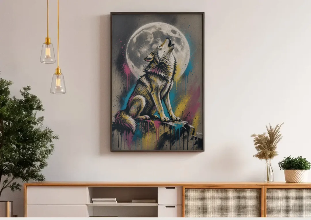 Street Art Wolf Howling at the Moon canvas wall art above a wooden sideboard under pendant lights
