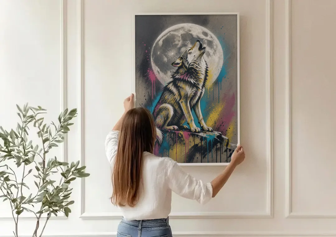 Street Art Wolf Howling at the Moon canvas wall art being hung on a paneled wall
