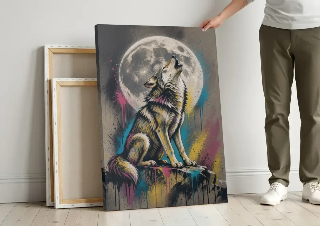 Street Art Wolf Howling at the Moon canvas wall art leaning against a wall next to blank canvases