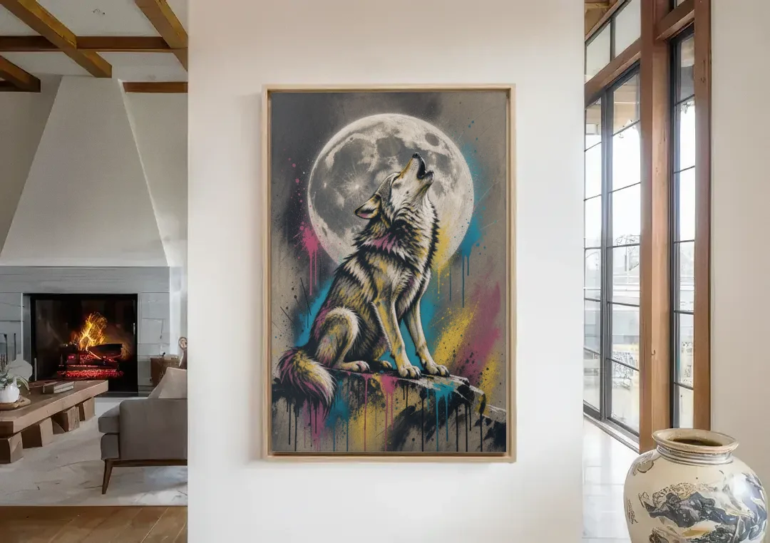 Street Art Wolf Howling at the Moon canvas wall art in a living room with a fireplace