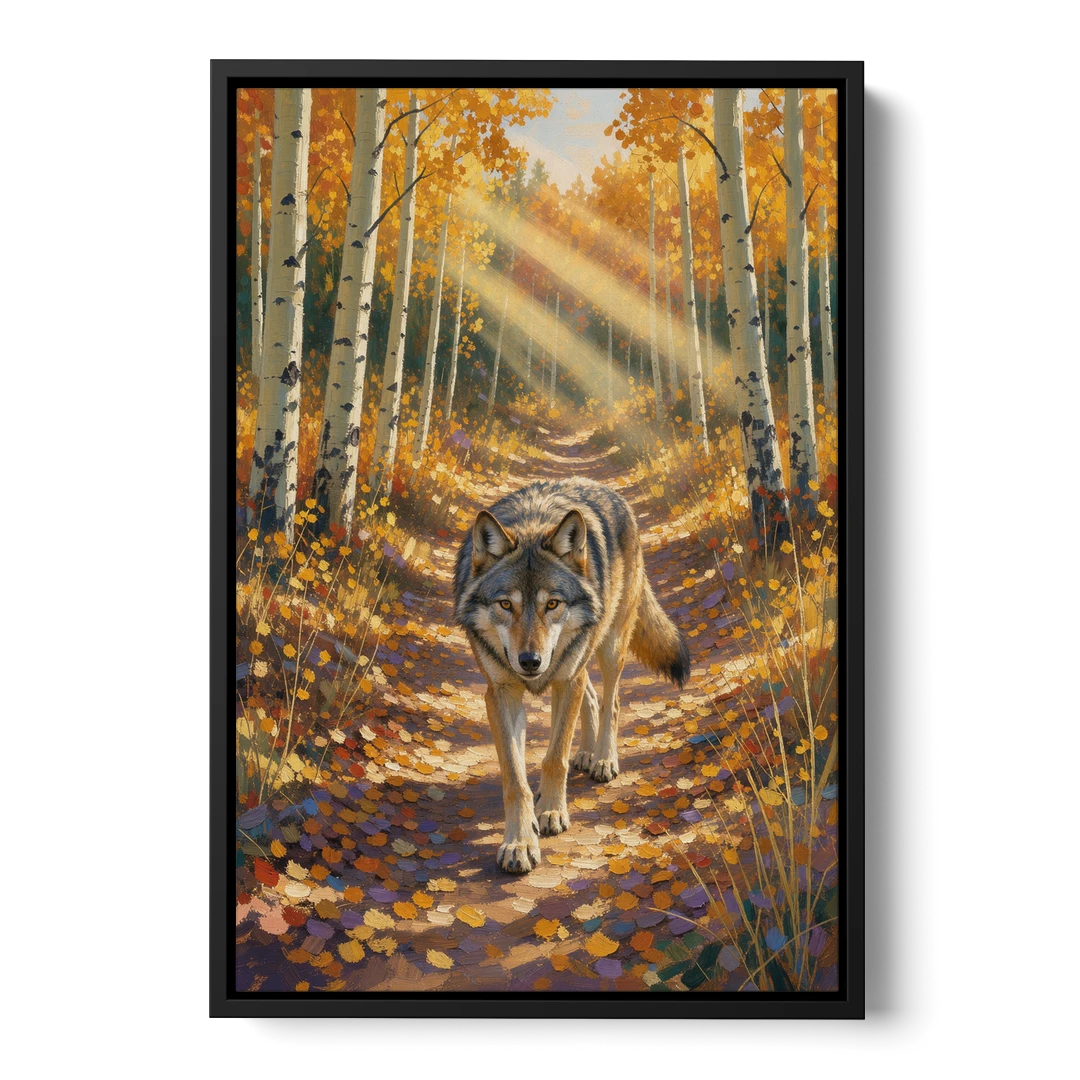 Wolf in Forest Painting on the Aspen Trail - Black Framed Canvas Wall Art - Front