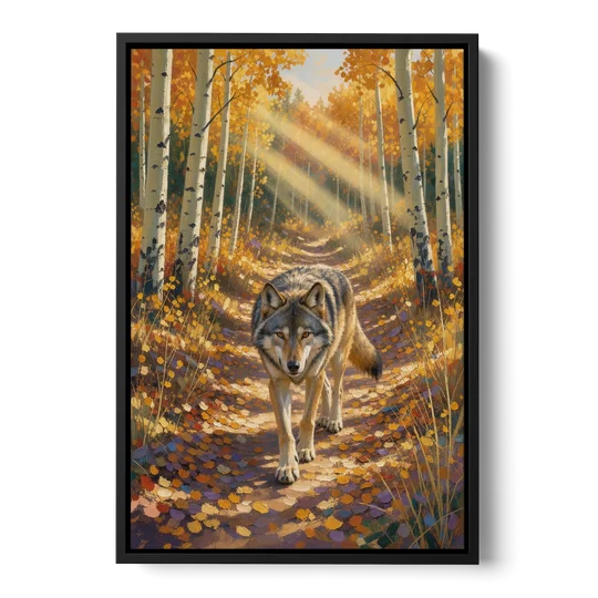 Wolf in Forest Painting on the Aspen Trail - Black Framed Canvas Wall Art - Front