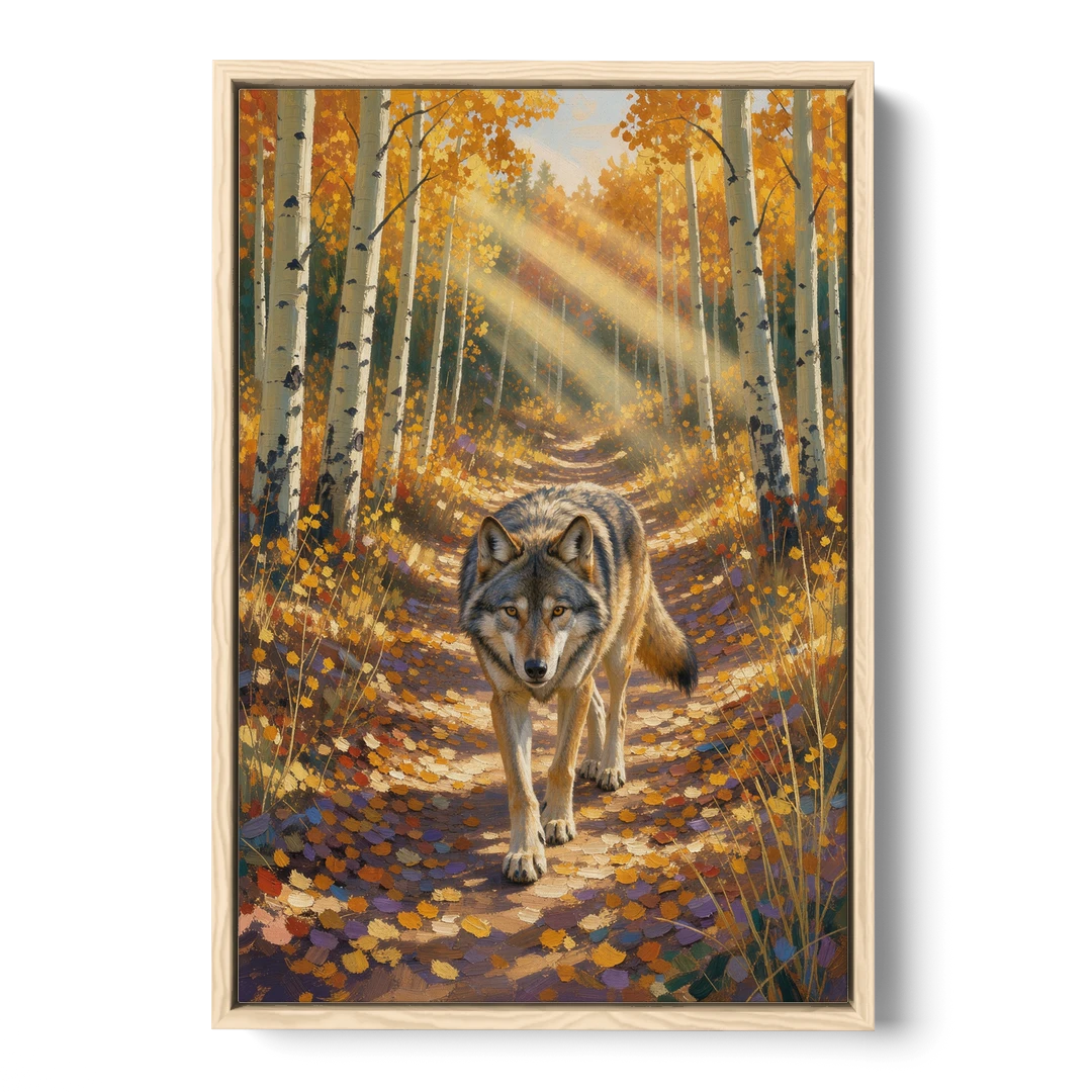 Wolf in Forest Painting on the Aspen Trail - Oak Framed Canvas Wall Art - Front