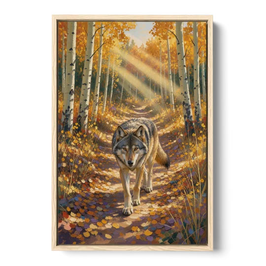 Wolf in Forest Painting on the Aspen Trail - Oak Framed Canvas Wall Art - Front