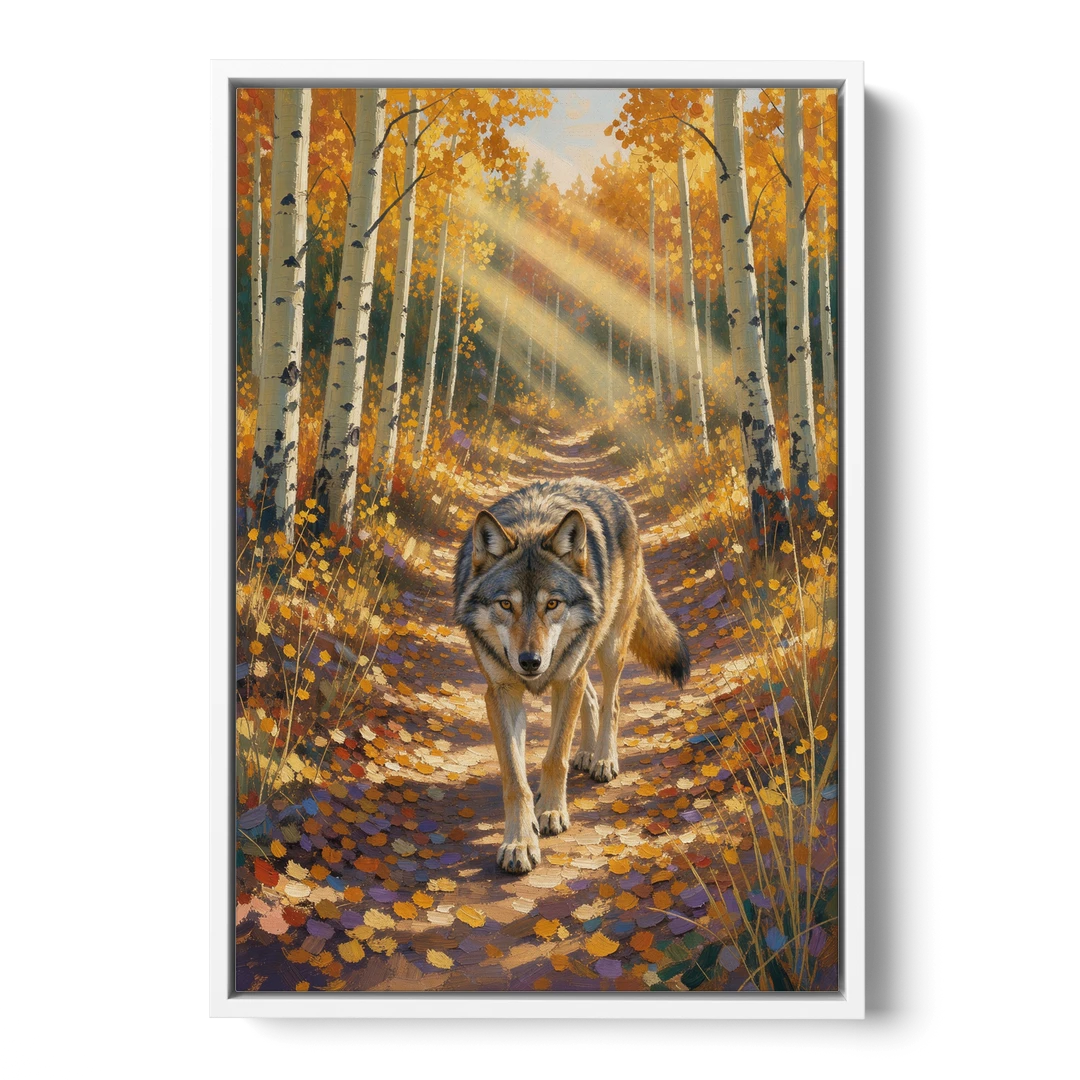 Wolf in Forest Painting on the Aspen Trail - White Framed Canvas Wall Art - Front