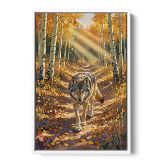 Wolf in Forest Painting on the Aspen Trail - White Framed Canvas Wall Art - Front