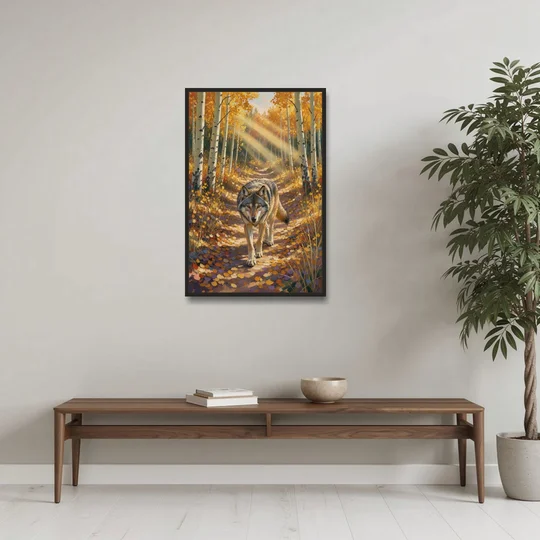 Wolf in Forest Painting on the Aspen Trail - Black Framed Canvas Wall Art - Coffee Table - 24x36