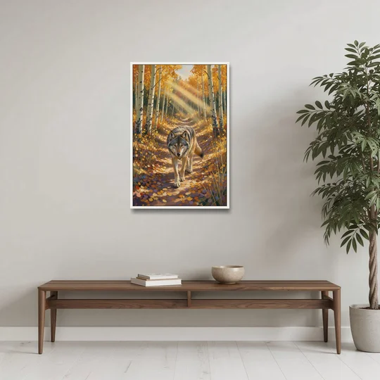 Wolf in Forest Painting on the Aspen Trail - White Framed Canvas Wall Art - Coffee Table - 24x36