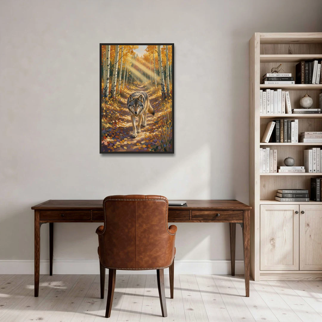 Wolf in Forest Painting on the Aspen Trail - Black Framed Canvas Wall Art - Office - 24x36