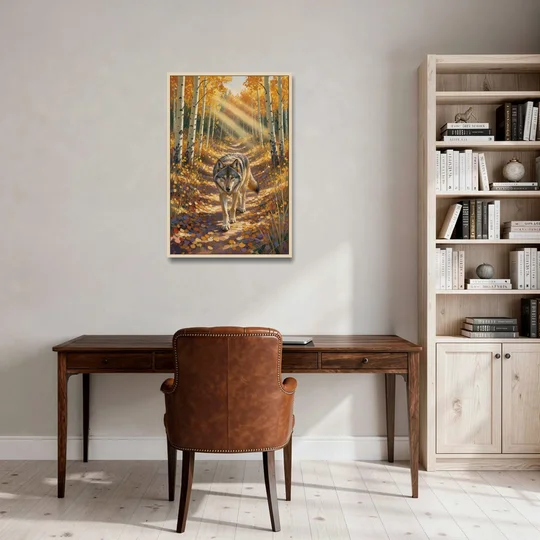 Wolf in Forest Painting on the Aspen Trail - Oak Framed Canvas Wall Art - Office - 24x36