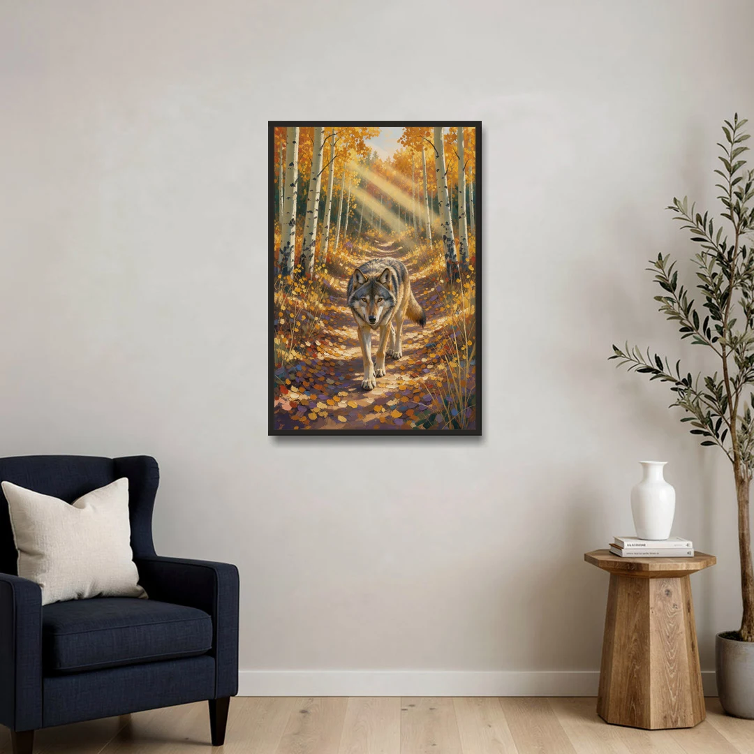 Wolf in Forest Painting on the Aspen Trail - Black Framed Canvas Wall Art - Sofa - 24x36