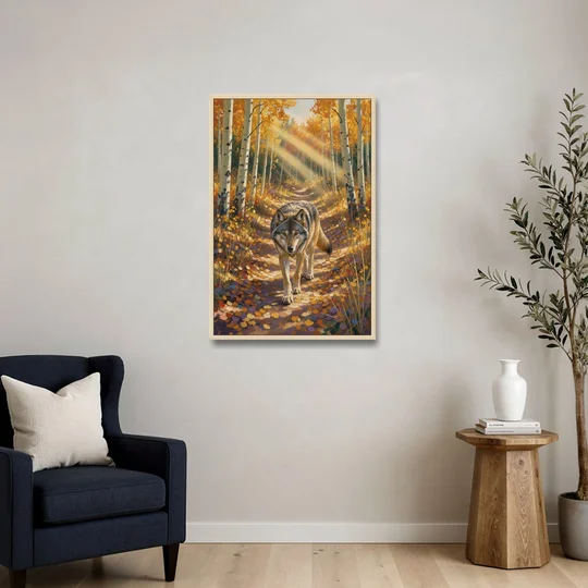 Wolf in Forest Painting on the Aspen Trail - Oak Framed Canvas Wall Art - Sofa - 24x36