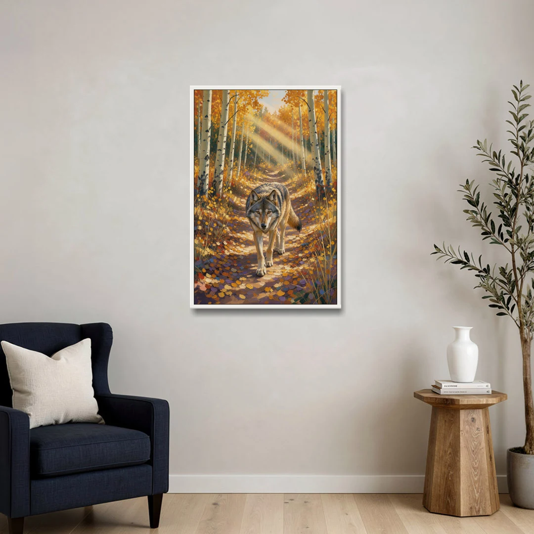Wolf in Forest Painting on the Aspen Trail - White Framed Canvas Wall Art - Sofa - 24x36