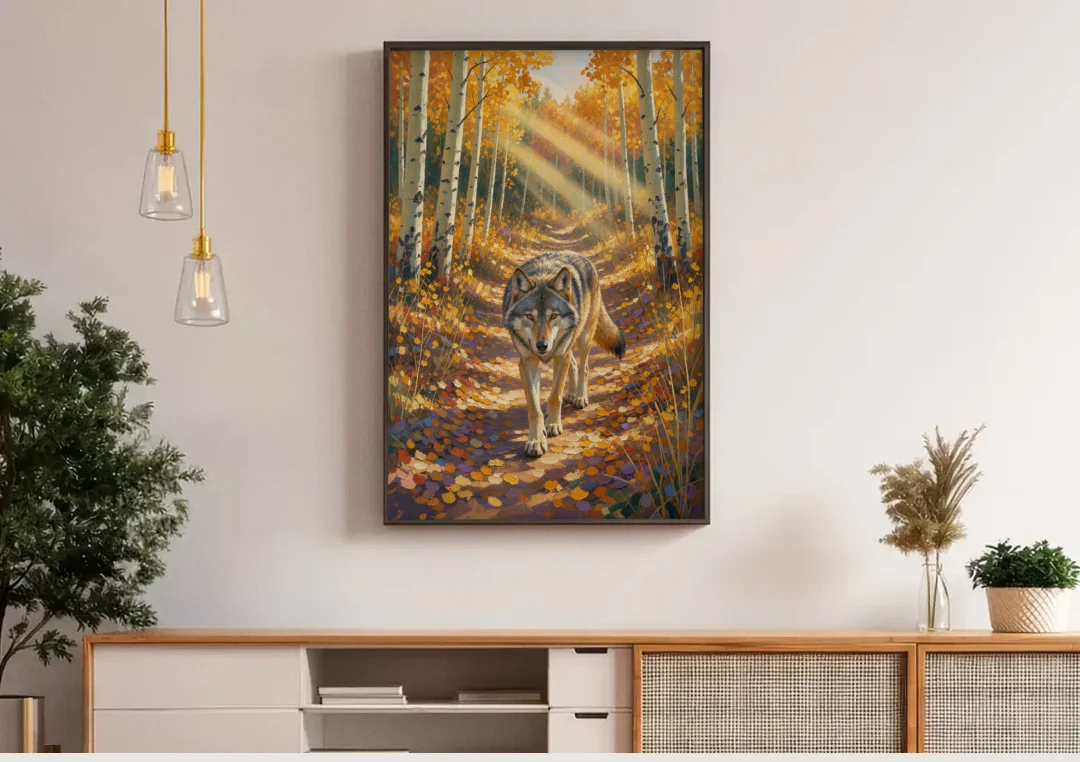 Wolf in Forest Painting on the Aspen Trail canvas wall art above a wooden sideboard under pendant lights