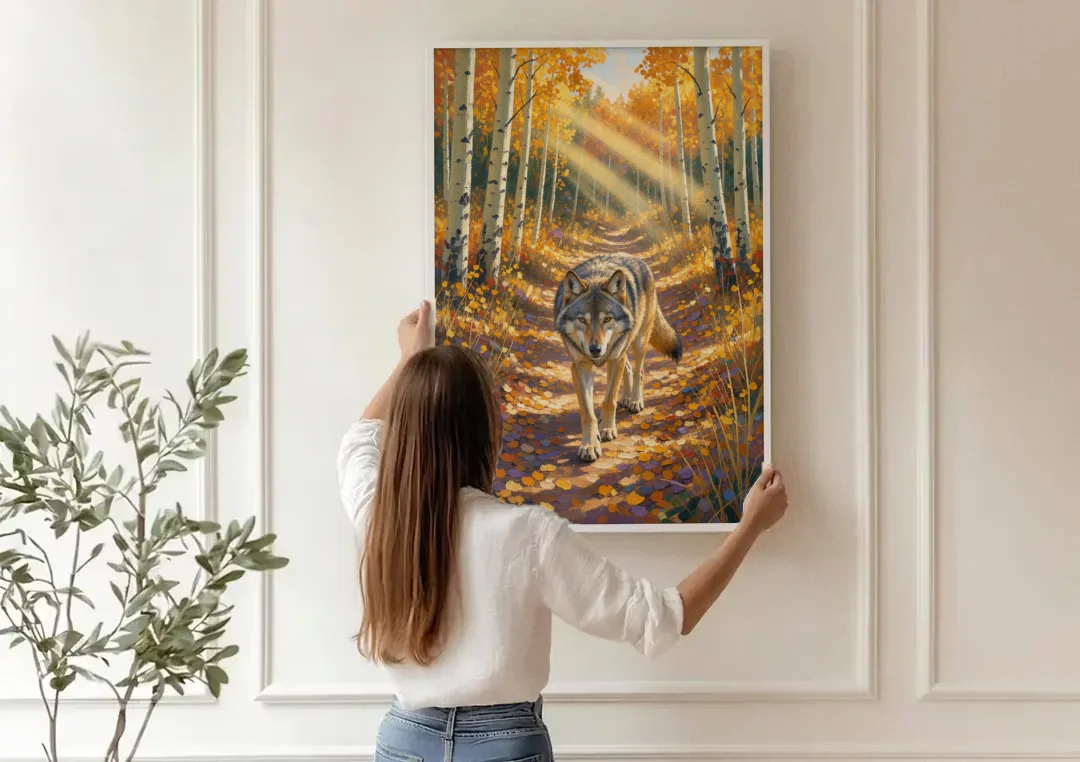 Wolf in Forest Painting on the Aspen Trail canvas wall art being hung on a paneled wall