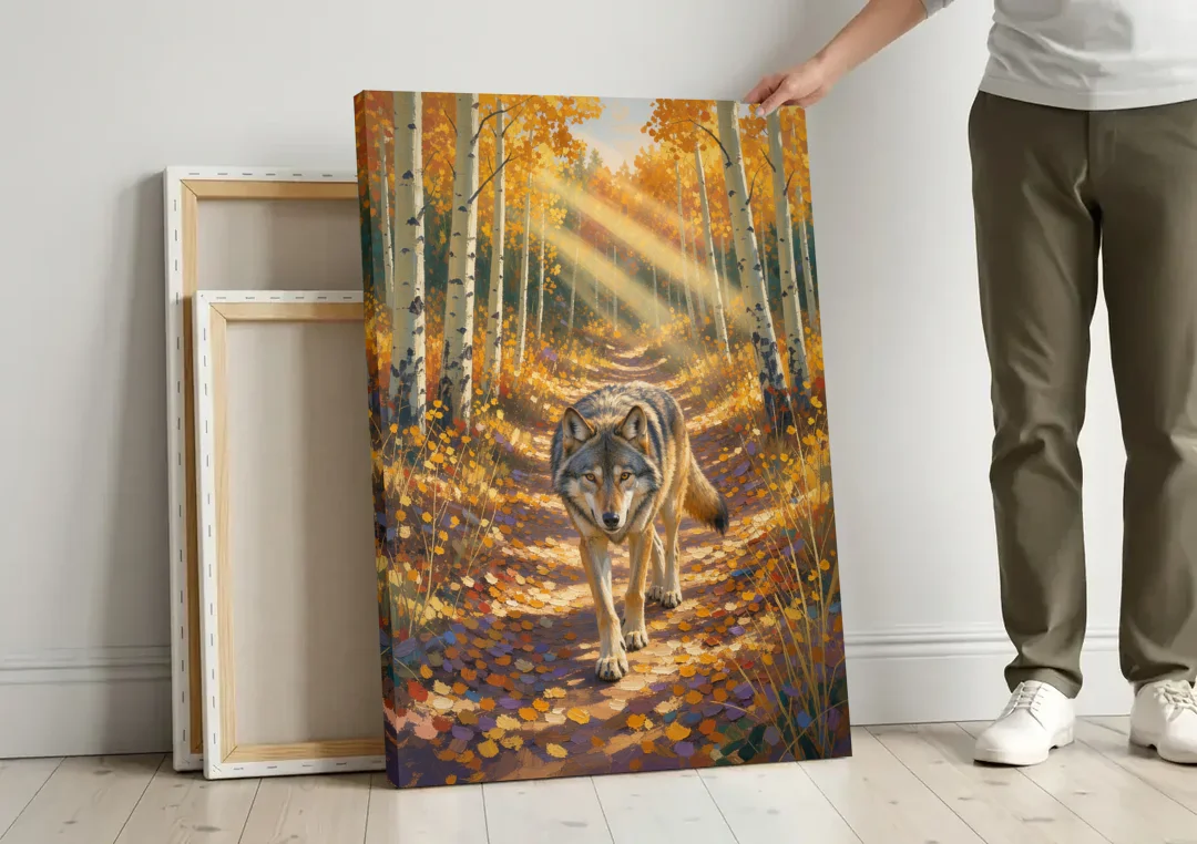 Wolf in Forest Painting on the Aspen Trail canvas wall art leaning against a wall next to blank canvases