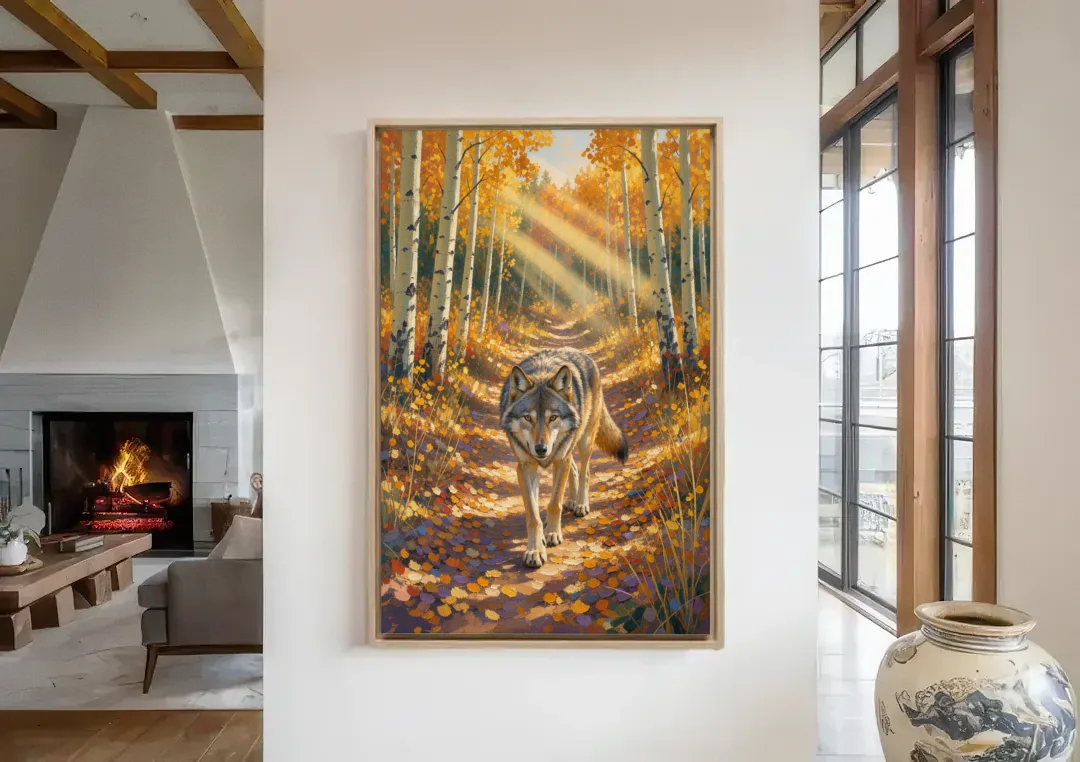 Wolf in Forest Painting on the Aspen Trail canvas wall art in a living room with a fireplace