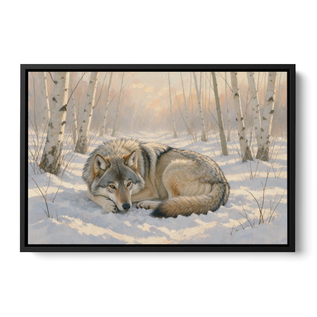 Wolf in Snow Painting Among the Birches - Black Framed Canvas Wall Art - Front